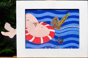 Rettung des Bauches, der Kopf ist im Bauch - Kasein auf 100% Hadern - 60,5 x 40cm - Unikatrahmen